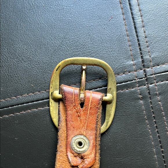 Vintage | Tan Tooled Leather Belt with Solid Brass Buckle Boho Western - Picture 4 of 10